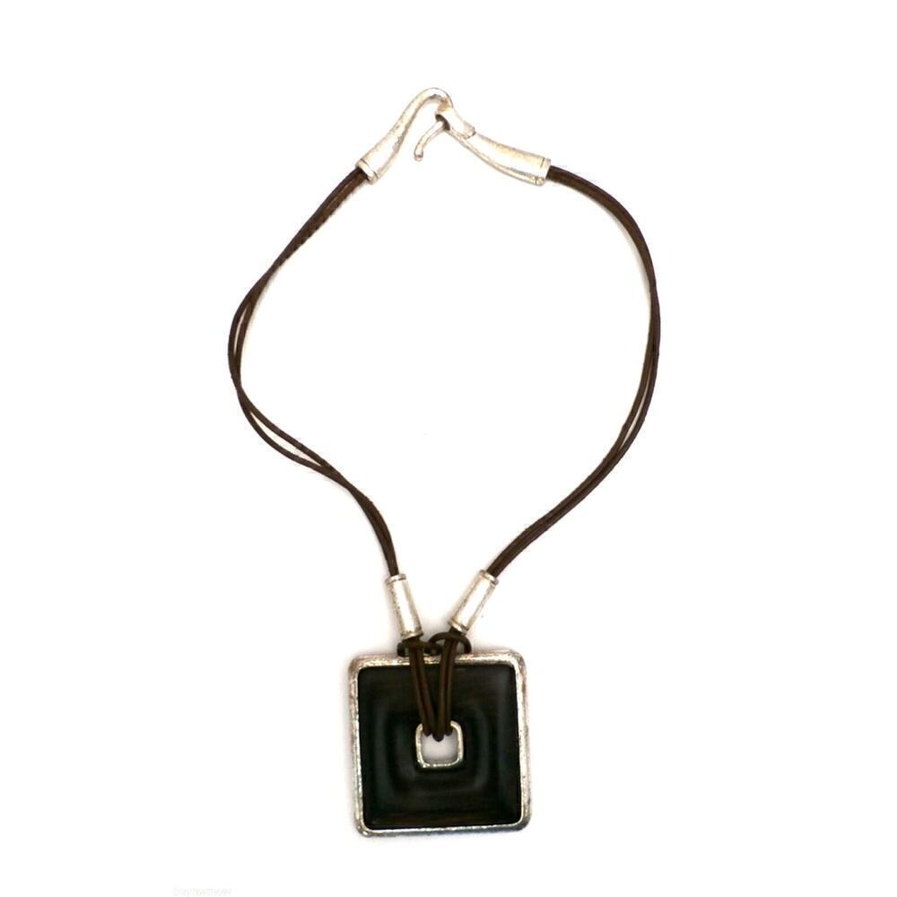 Bold Silver and Brown Wood Square Necklace & Pierced Earrings